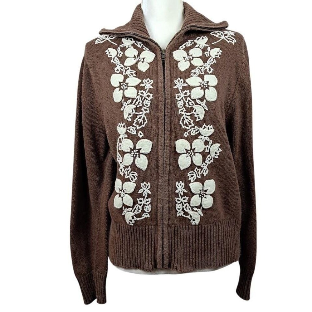 Vintage TIARA INTERNATIONAL M Brown Embroidered Zip Up Cardigan Sweater Cottage